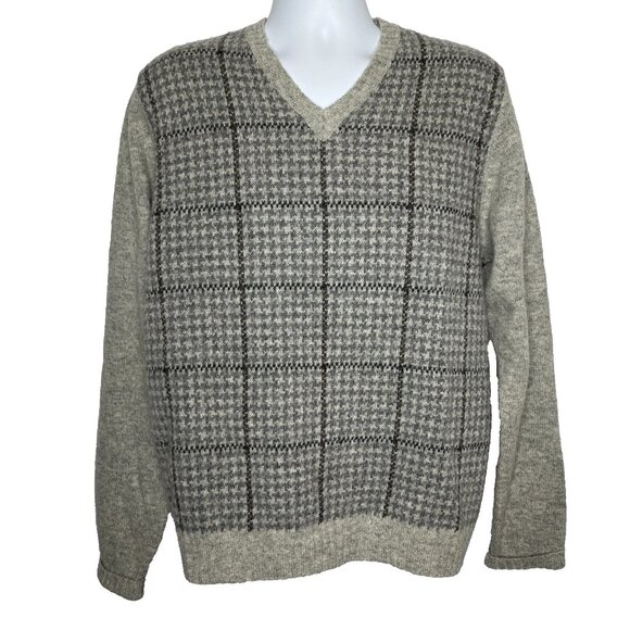 Vintage 80s Brooks Brothers Gray Shetland Wool Houndstooth Plaid Sweater